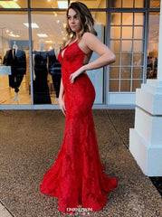 Red Backless Long Prom Dresses, V-Neck Mermaid Spaghetti Evening Dress