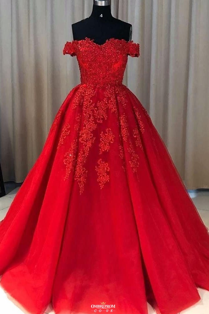 Red Ball Gown Tulle Off-The-Shoulder Lace Appliques Long Prom Dresses
