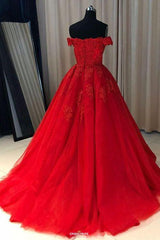 Red Ball Gown Tulle Off-The-Shoulder Lace Appliques Long Prom Dresses