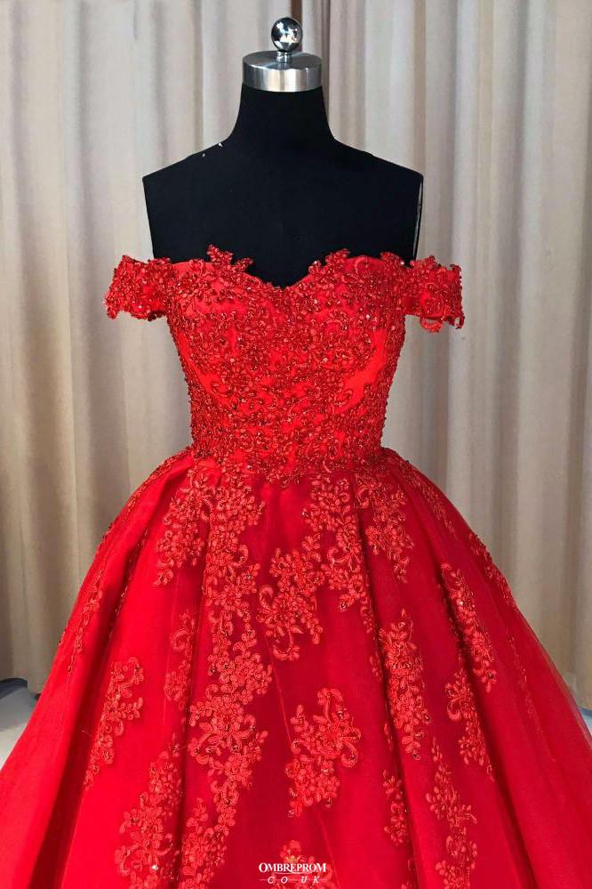 Red Ball Gown Tulle Off-The-Shoulder Lace Appliques Long Prom Dresses