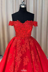 Red Ball Gown Tulle Off-The-Shoulder Lace Appliques Long Prom Dresses