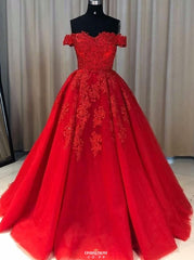 Red Ball Gown Tulle Off-The-Shoulder Lace Appliques Long Prom Dresses