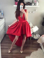 Asymmetrical High-Low Red Plunging Neck Prom Dress