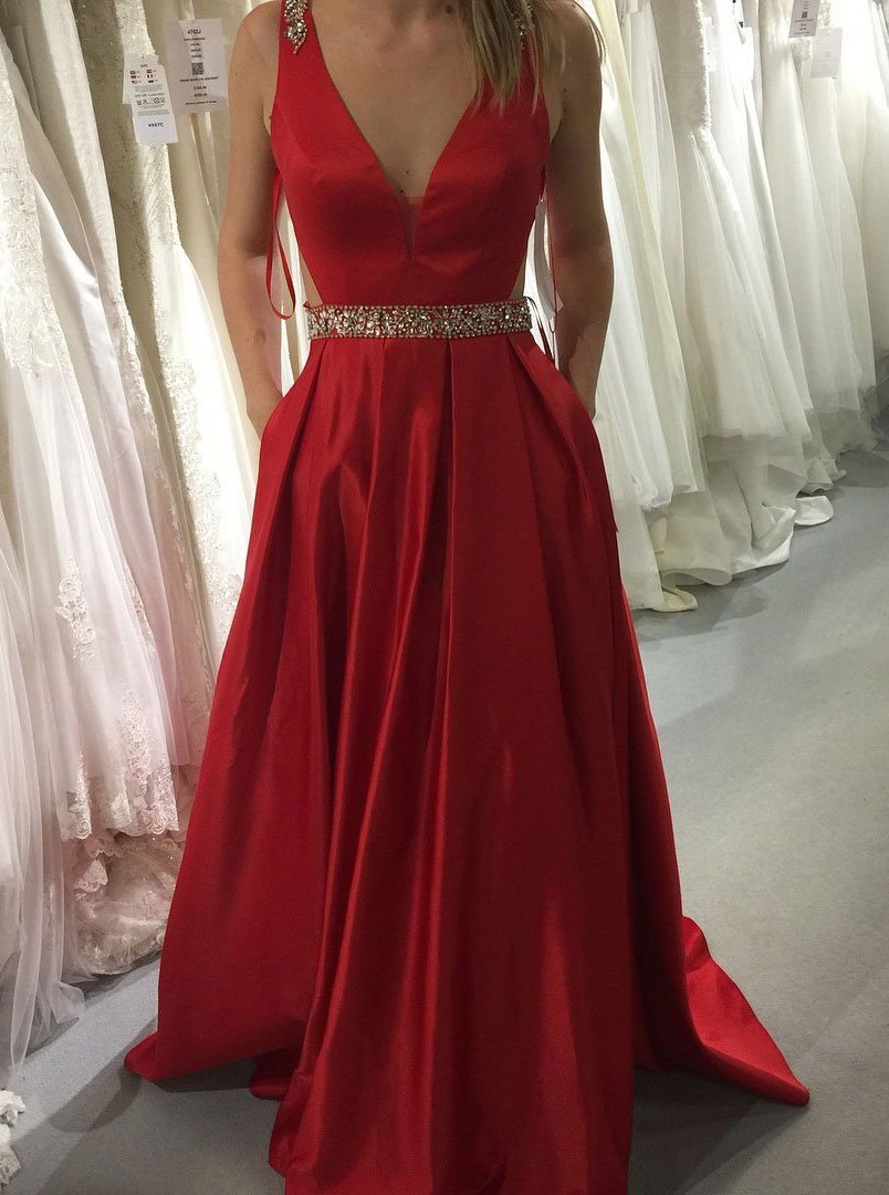 Red Prom Dresses, A-Line V-Neck Satin with Beading Formal Gown