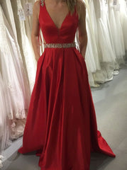 Red Prom Dresses, A-Line V-Neck Satin with Beading Formal Gown