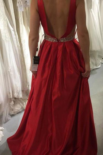 Red Prom Dresses, A-Line V-Neck Satin with Beading Formal Gown