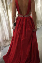 Red Prom Dresses, A-Line V-Neck Satin with Beading Formal Gown