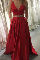 Red Prom Dresses, A-Line V-Neck Satin with Beading Formal Gown