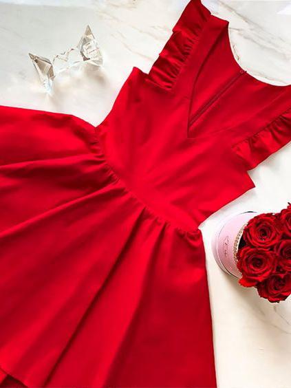 A-Line V-Neck Pleated Satin Red Short Homecoming Party Dress