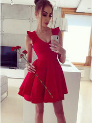 A-Line V-Neck Pleated Satin Red Short Homecoming Party Dress