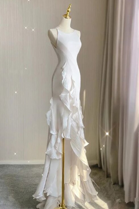 Romantic Chiffon Sheath Wedding Dresses with Ruffles, Long Prom Evening Dress