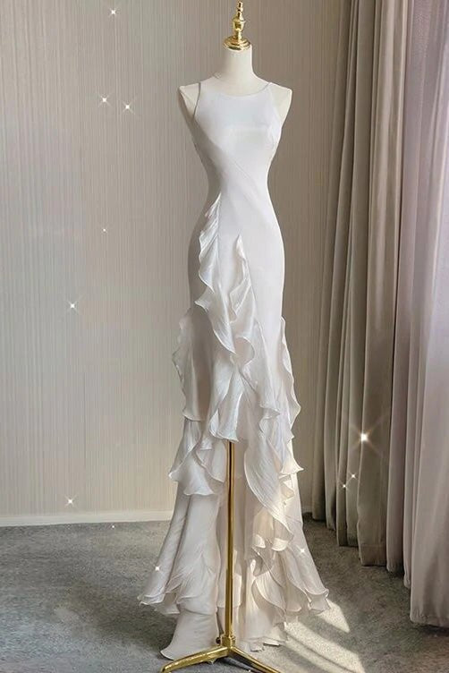 Romantic Chiffon Sheath Wedding Dresses with Ruffles, Long Prom Evening Dress