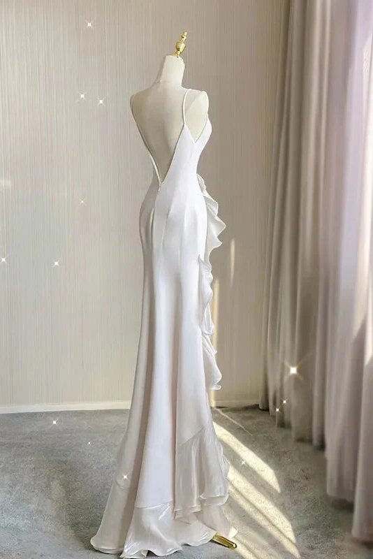 Romantic Chiffon Sheath Wedding Dresses with Ruffles, Long Prom Evening Dress