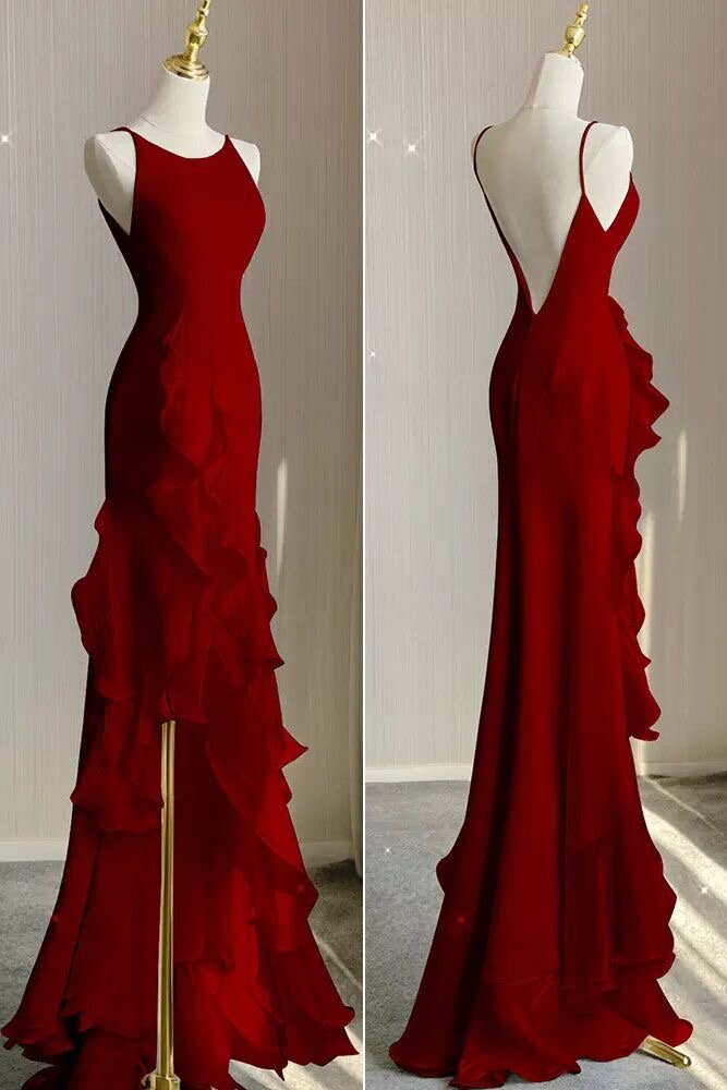 Romantic Chiffon Sheath Wedding Dresses with Ruffles, Long Prom Evening Dress