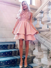 Chic Pink Round Neck Tiered A-Line Homecoming Dress