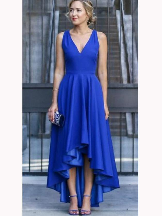 A-Line V-Neck Royal Blue High-Low Asymmetrical Prom Dress