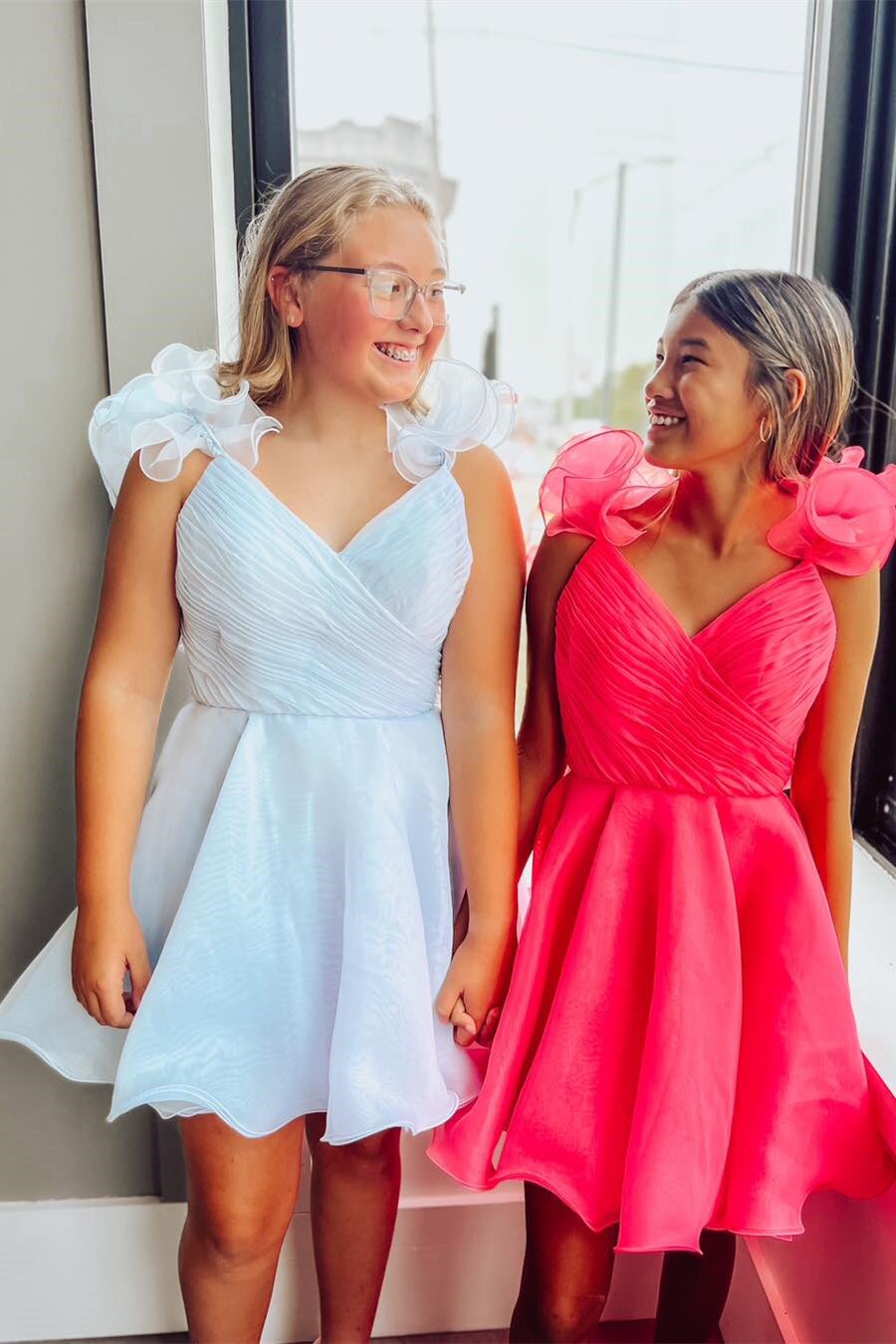 Ruffled Straps Hot Pink A-Line Ruched Short Homecoming Dresses