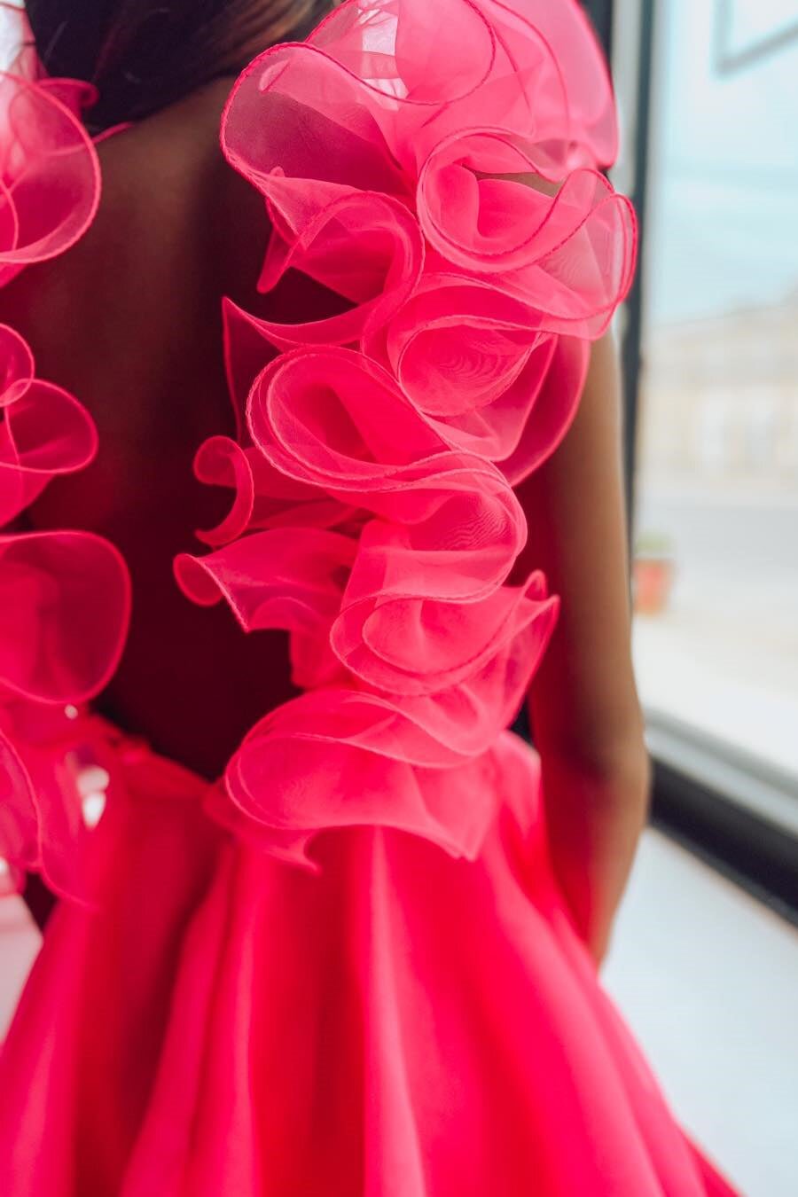 Ruffled Straps Hot Pink A-Line Ruched Short Homecoming Dresses