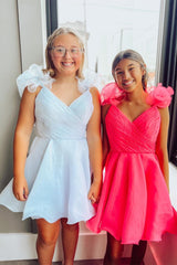 Ruffled Straps Hot Pink A-Line Ruched Short Homecoming Dresses