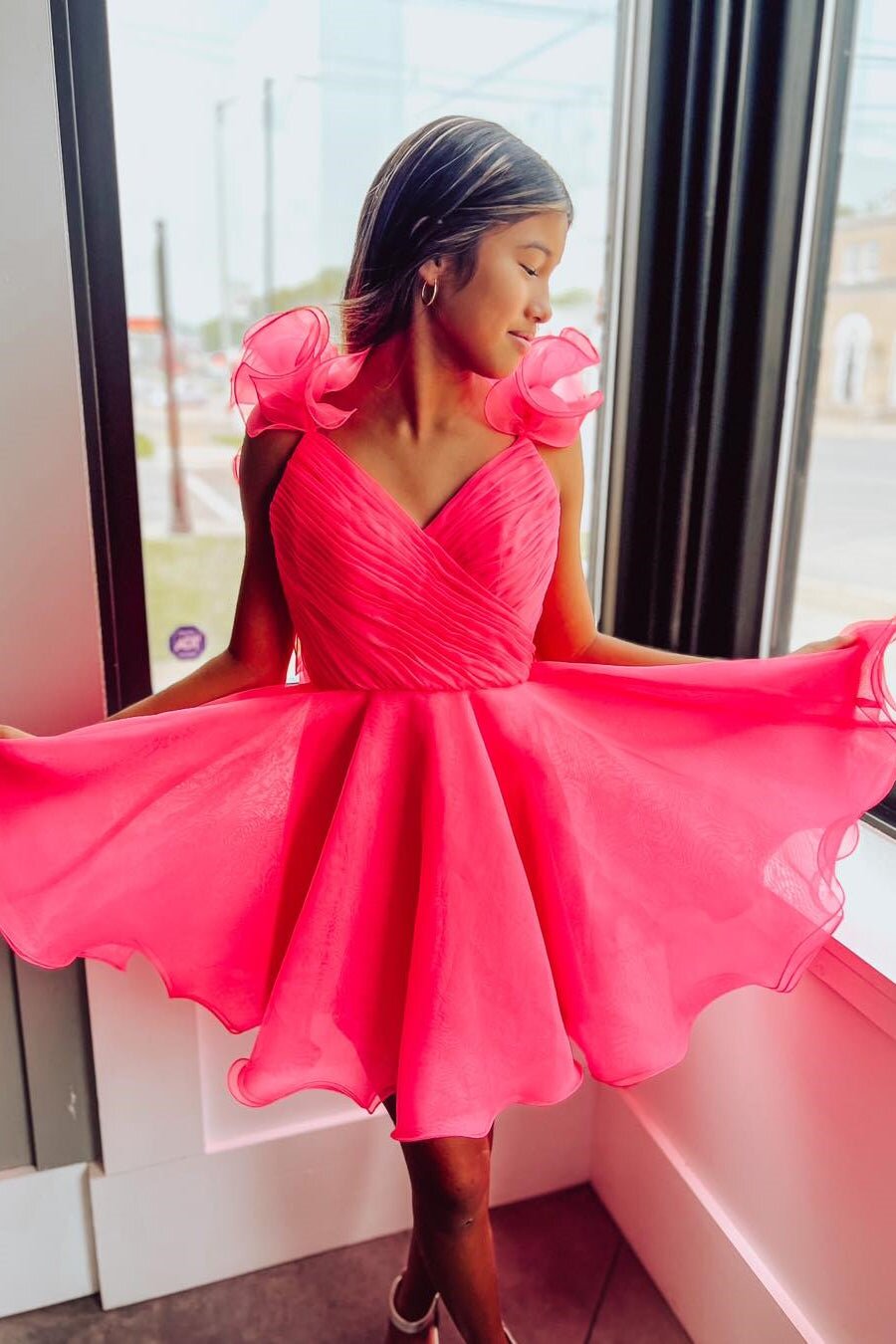 Ruffled Straps Hot Pink A-Line Ruched Short Homecoming Dresses