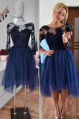 Lace 3/4 Sleeves Navy Tulle Homecoming Dresses with Appliques