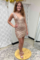 Sequined Orange V-Neck Tight Homecoming Dresses, Bodycon Party Gown