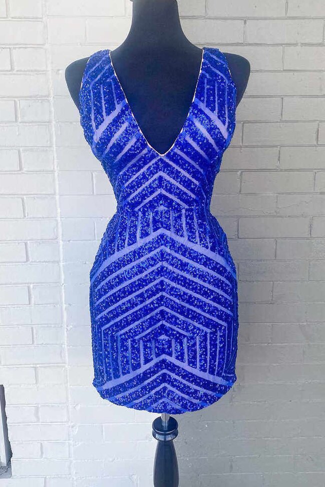 Sequined Orange V-Neck Tight Homecoming Dresses, Bodycon Party Gown