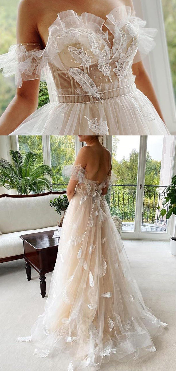 Princess Tulle Feather Lace-Up Back Wedding Dresses, Pretty A-Line Bridal Gown