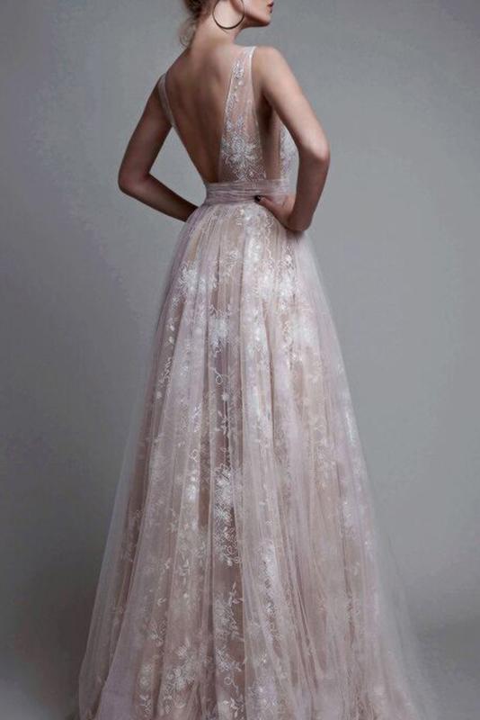 Beautiful A-Line Deep V-Neck Backless Lace Tulle Long Prom Dress