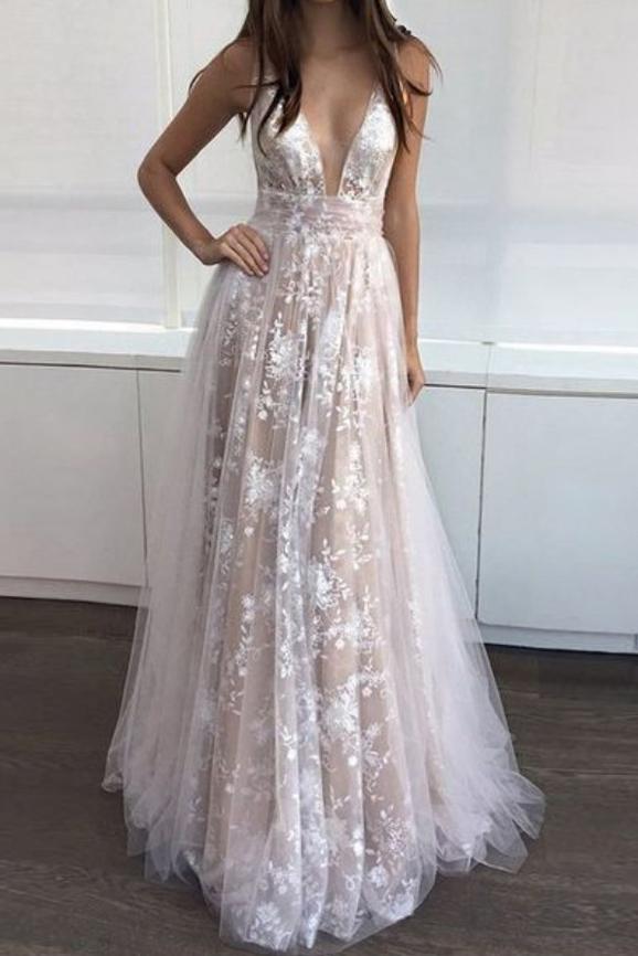 Beautiful A-Line Deep V-Neck Backless Lace Tulle Long Prom Dress