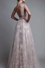 Beautiful A-Line Deep V-Neck Backless Lace Tulle Long Prom Dress