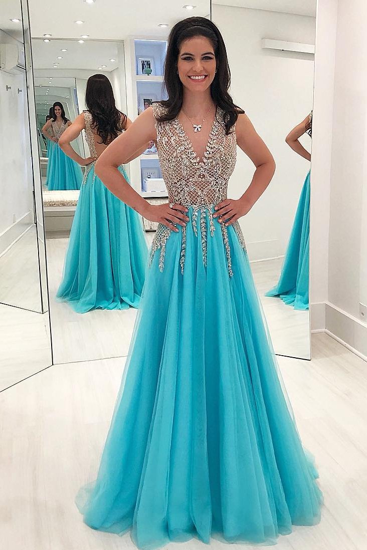 Luxurious A-Line V-Neck Beads Open Back Tulle Slit Prom Dresses