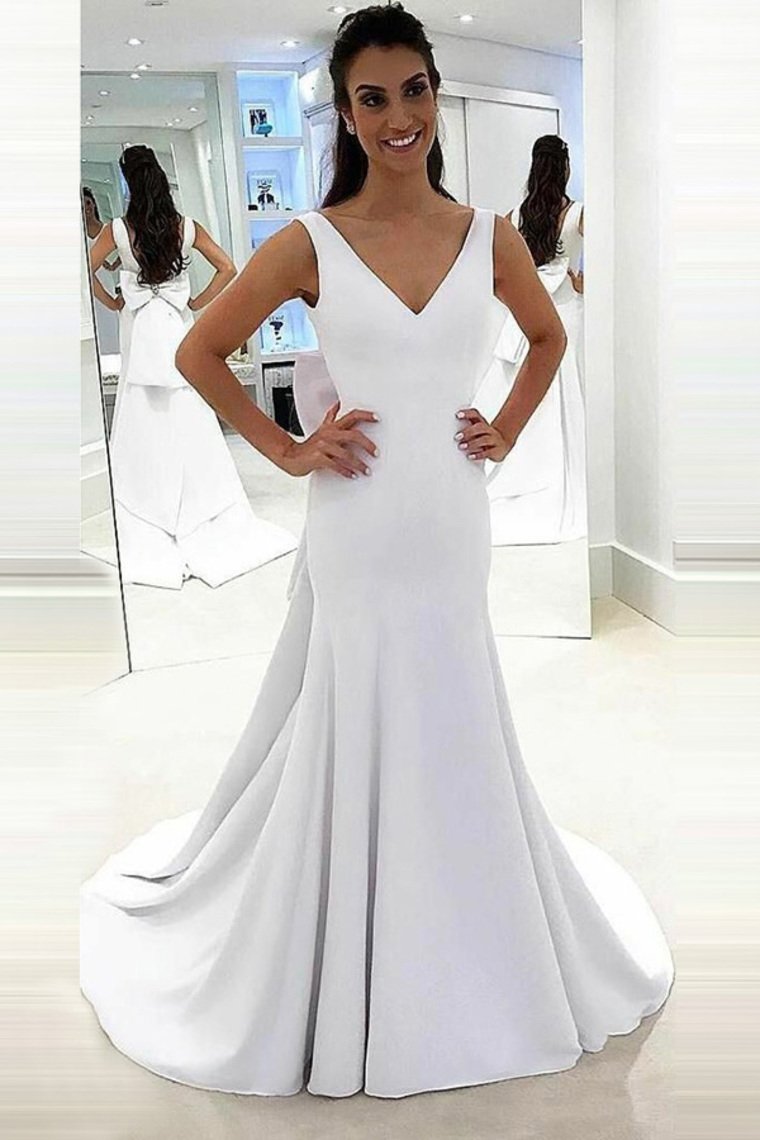 Bowknot Back Satin V-Neck Mermaid Wedding Dress