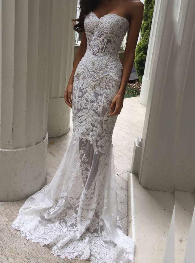 Charming Sweetheart Beaded Applique Mermaid Beach Lace Wedding Dress