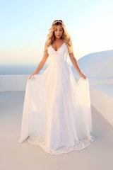 Backless Beach Boho Wedding Dress with V-Neck Lace Bridal Gown