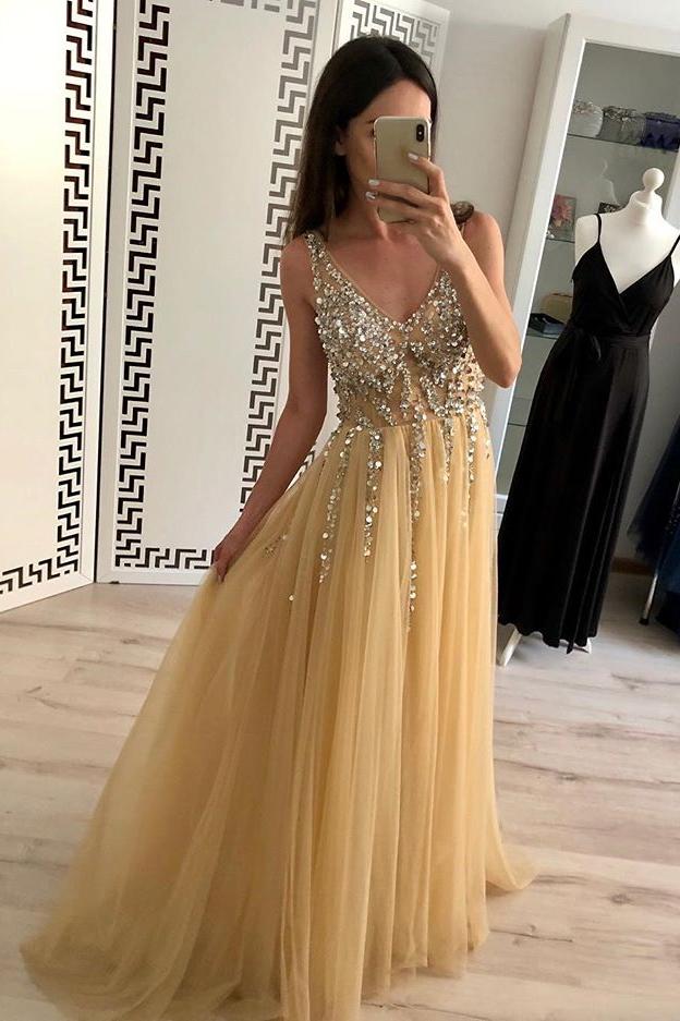 A-Line V-Neck Tulle Long Prom Dress Sequins Backless Evening Dress