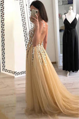 A-Line V-Neck Tulle Long Prom Dress Sequins Backless Evening Dress