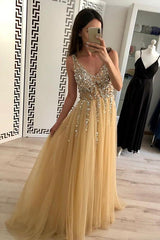 A-Line V-Neck Tulle Long Prom Dress Sequins Backless Evening Dress