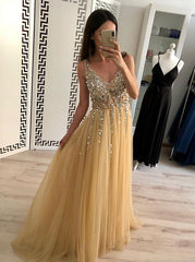 A-Line V-Neck Tulle Long Prom Dress Sequins Backless Evening Dress