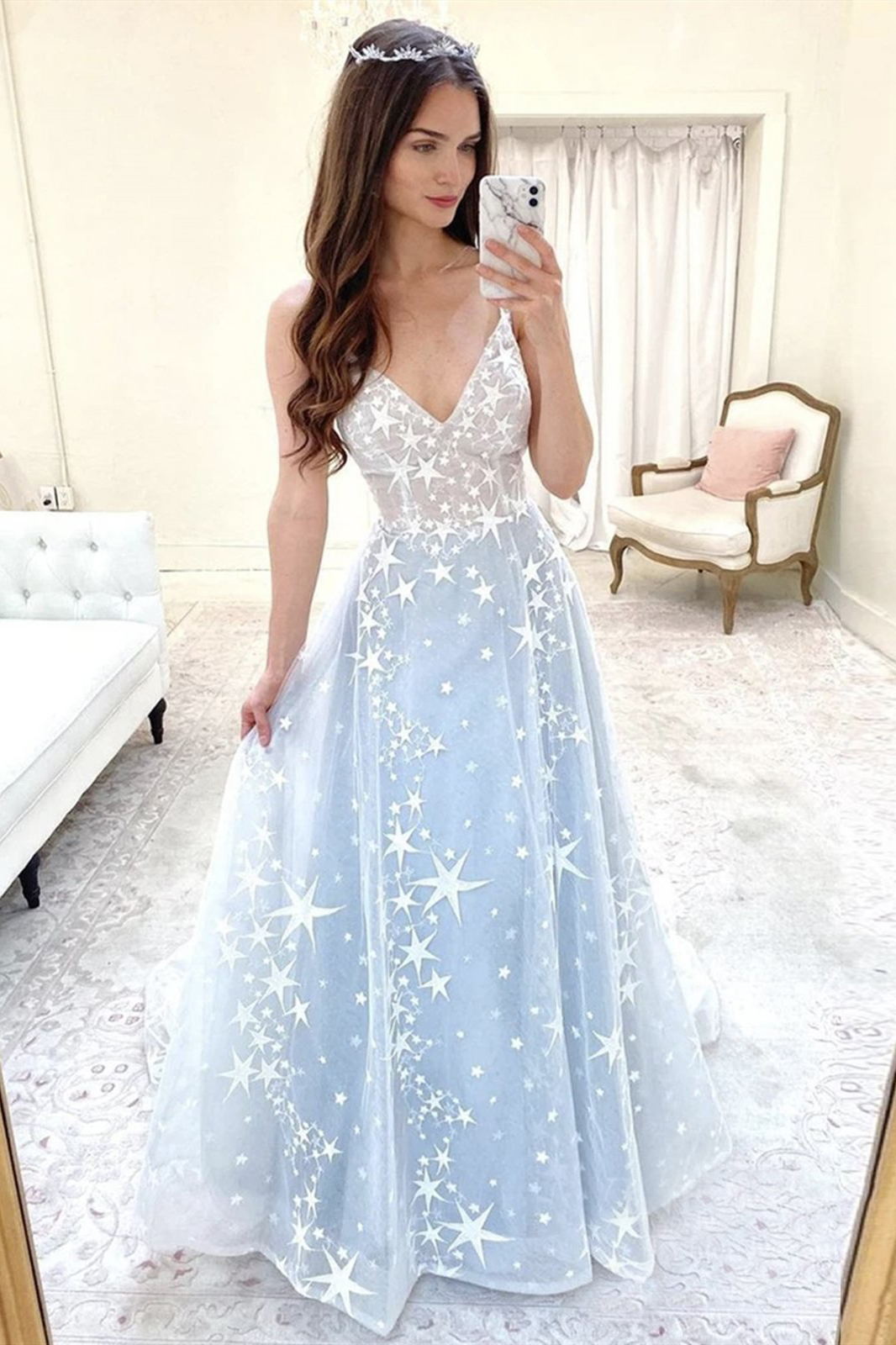 Shiny Star Tulle Prom Dresses A-Line V Neck Light Blue Formal Gown