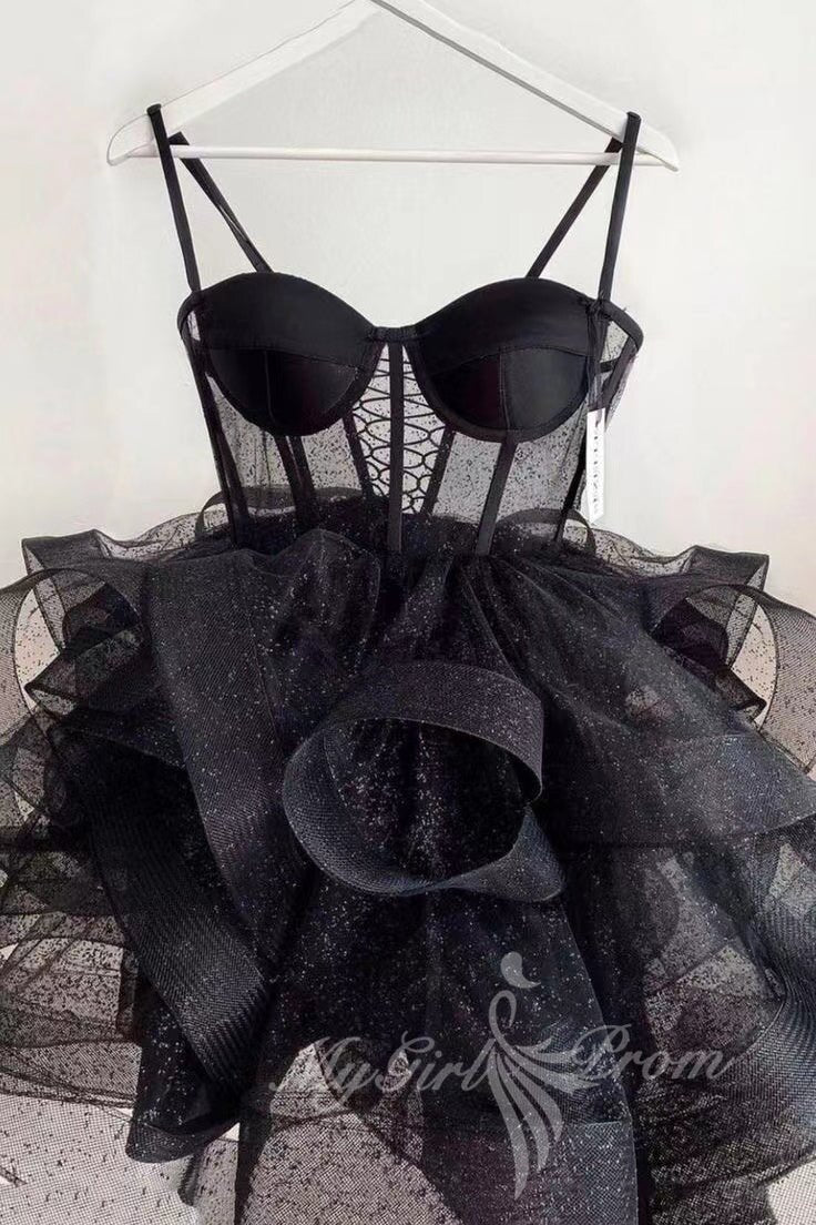 Shiny Black Straps Tulle Homecoming Dresses with Layers, Mini Party Dress