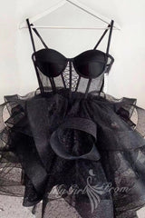Shiny Black Straps Tulle Homecoming Dresses with Layers, Mini Party Dress