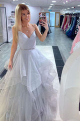 Shiny Pink A-Line V-Neck Tulle Long Prom Dresses, Pink Sweet 16 Dresses