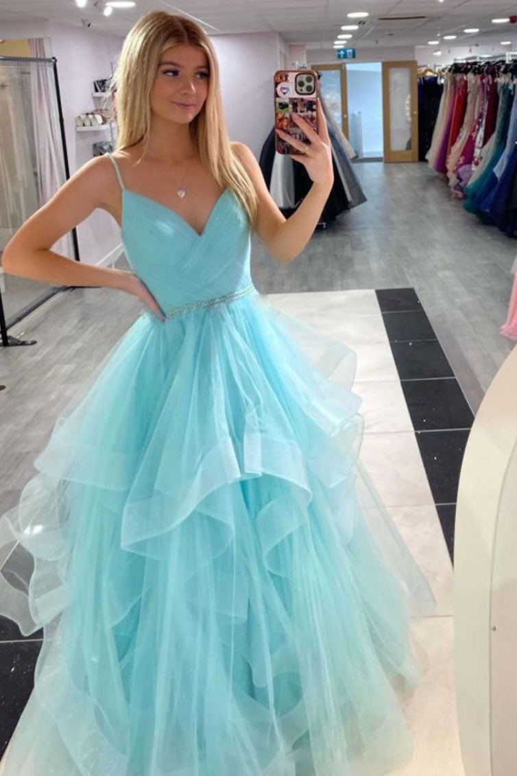 Shiny Pink A-Line V-Neck Tulle Long Prom Dresses, Pink Sweet 16 Dresses