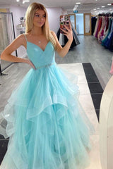 Shiny Pink A-Line V-Neck Tulle Long Prom Dresses, Pink Sweet 16 Dresses