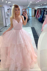 Shiny Pink A-Line V-Neck Tulle Long Prom Dresses, Pink Sweet 16 Dresses