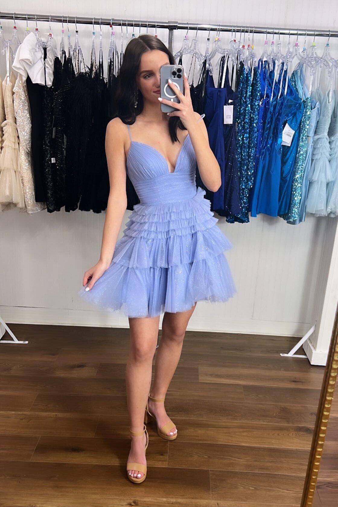 Shiny Straps Blue Tiered Homecoming Dress, A-Line Short Prom Dresses