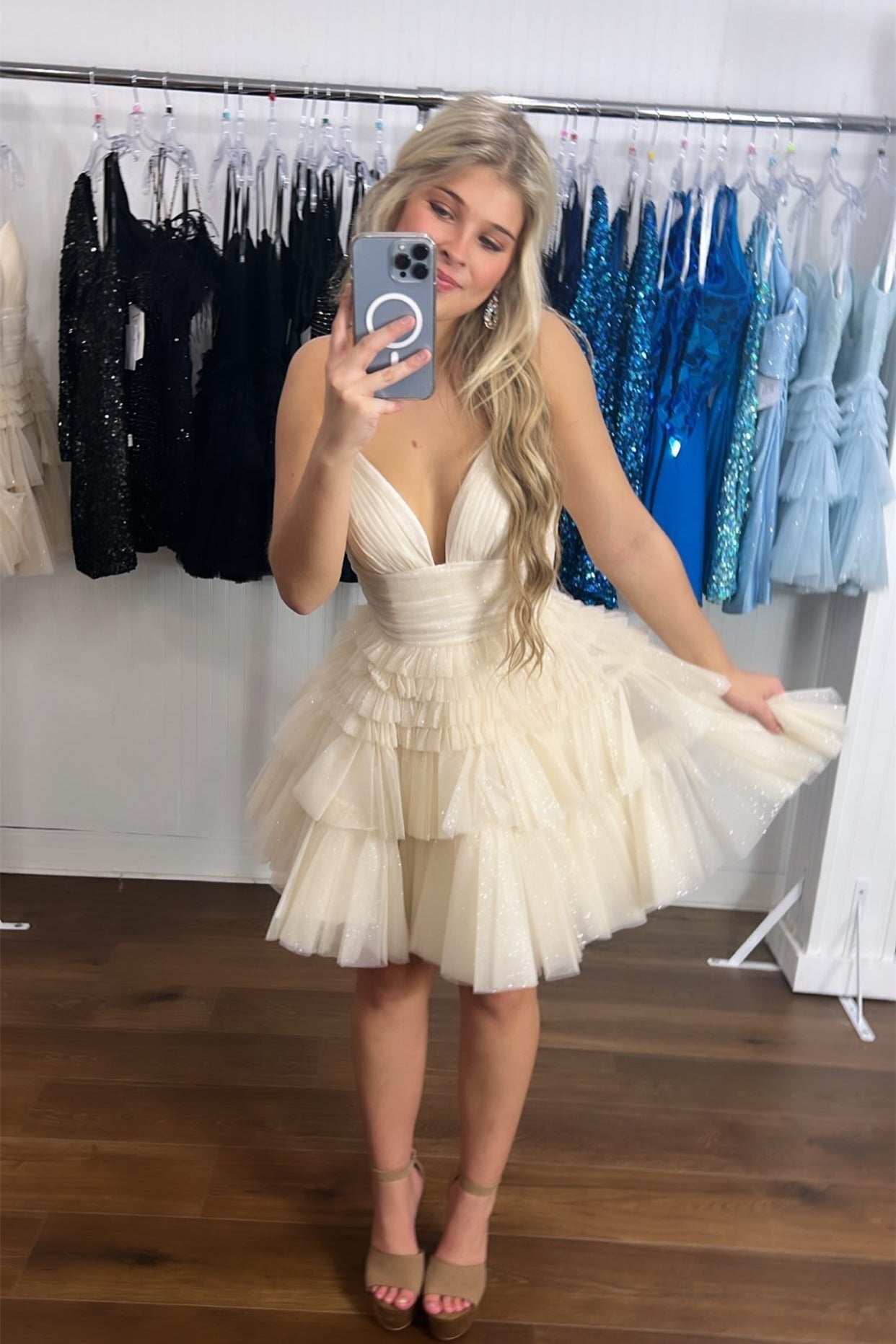 Shiny Straps Blue Tiered Homecoming Dress, A-Line Short Prom Dresses