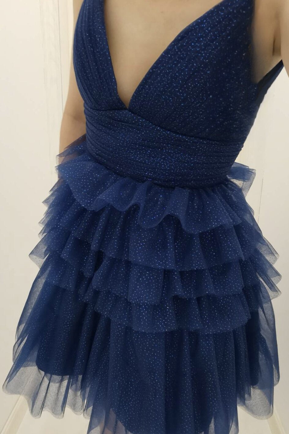 Shiny Straps Blue Tiered Homecoming Dress, A-Line Short Prom Dresses