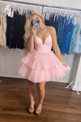 Shiny Straps Blue Tiered Homecoming Dress, A-Line Short Prom Dresses